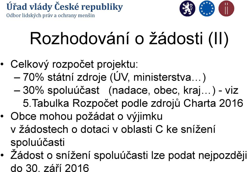 Tabulka Rozpočet podle zdrojů Charta 2016 Obce mohou požádat o výjimku v žádostech