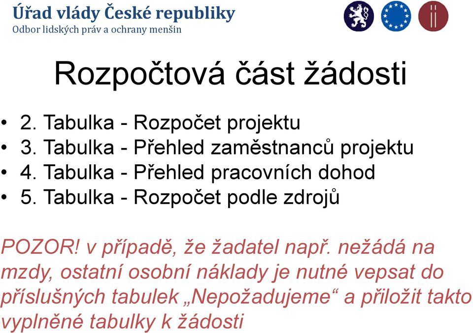 Tabulka - Rozpočet podle zdrojů POZOR! v případě, že žadatel např.