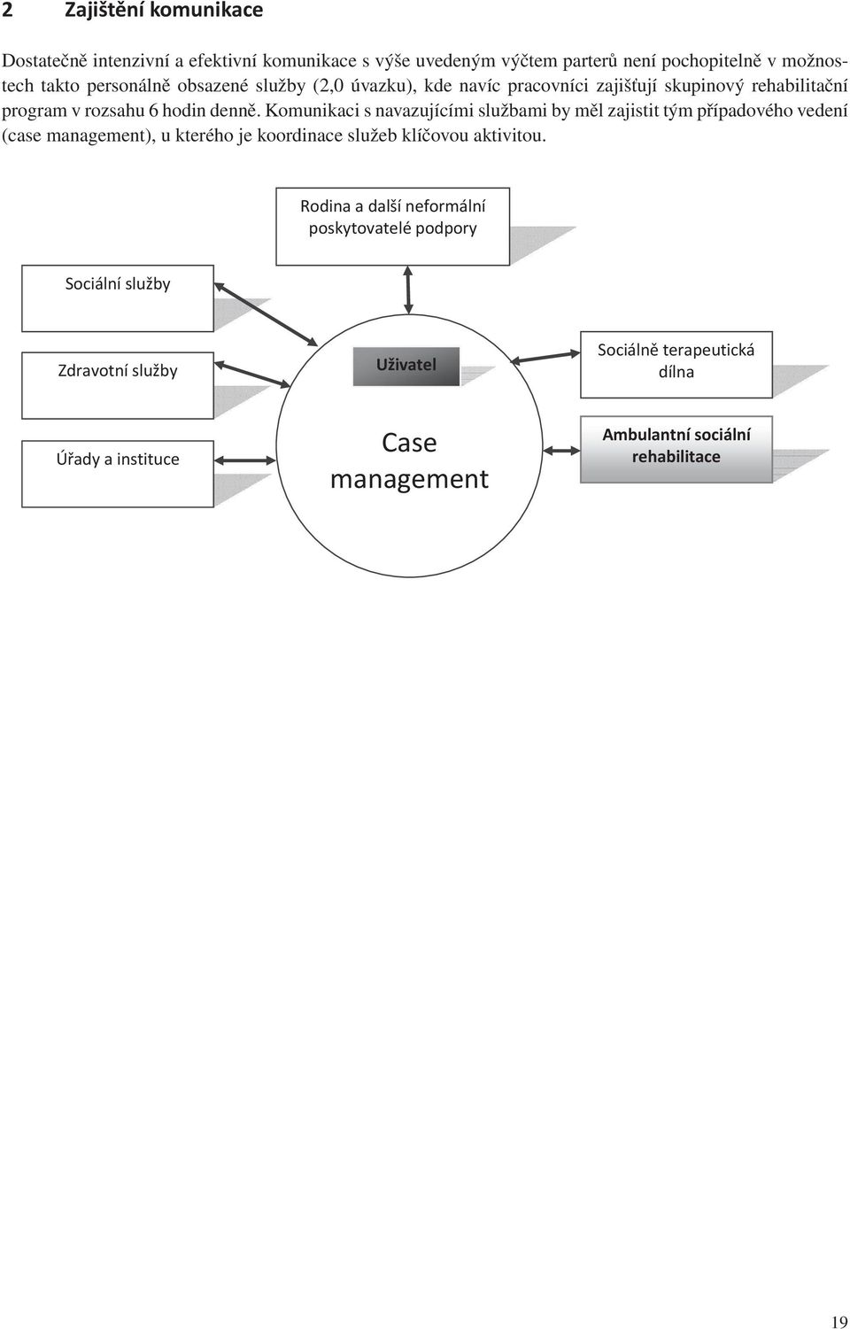 Komunikaci s navazujícími službami by měl zajistit tým případového vedení (case management), u kterého je koordinace služeb klíčovou aktivitou.