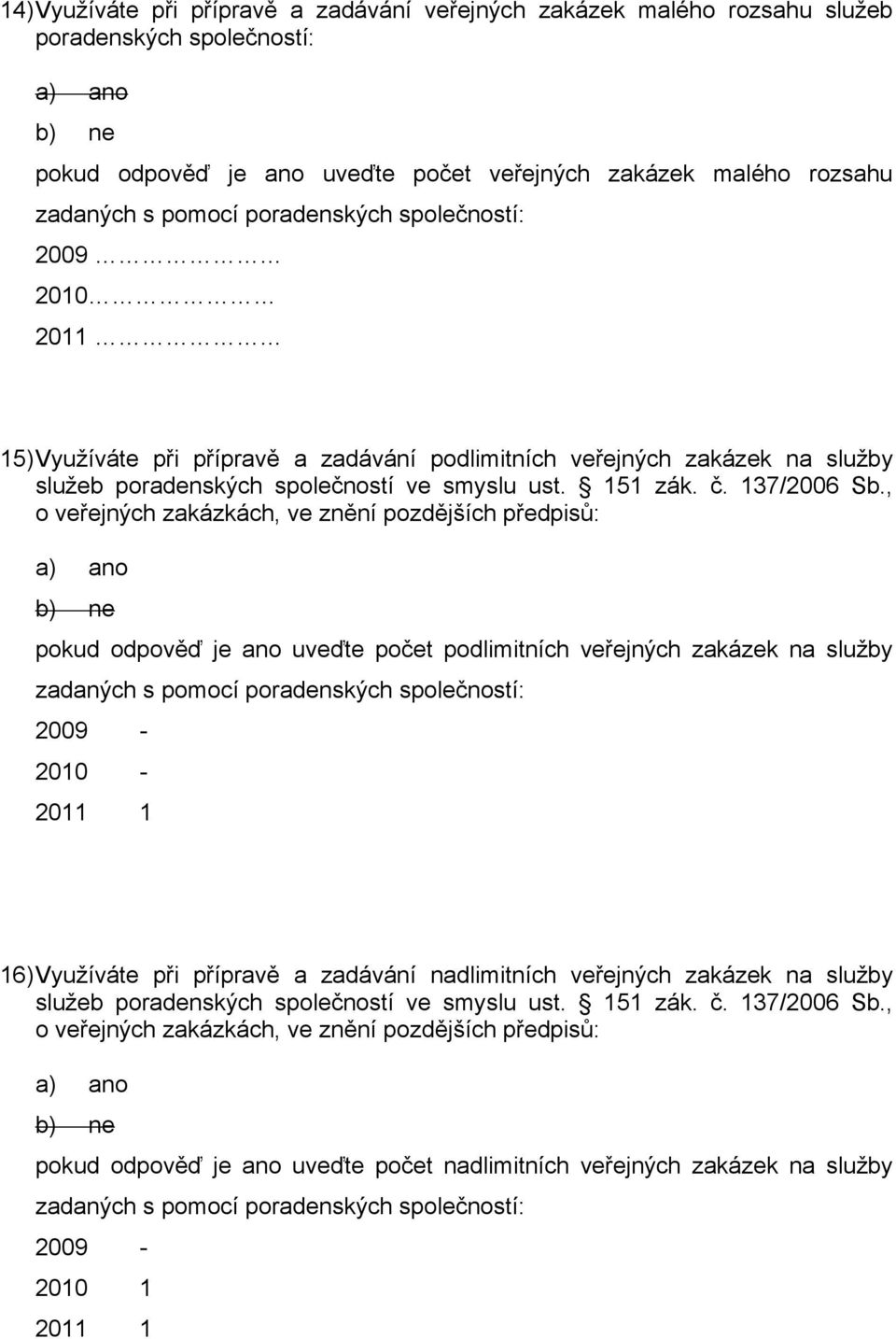 , o veřejných zakázkách, ve znění pozdějších předpisů: pokud odpověď je ano uveďte počet podlimitních veřejných zakázek na služby 2010-16)Využíváte při přípravě a zadávání nadlimitních