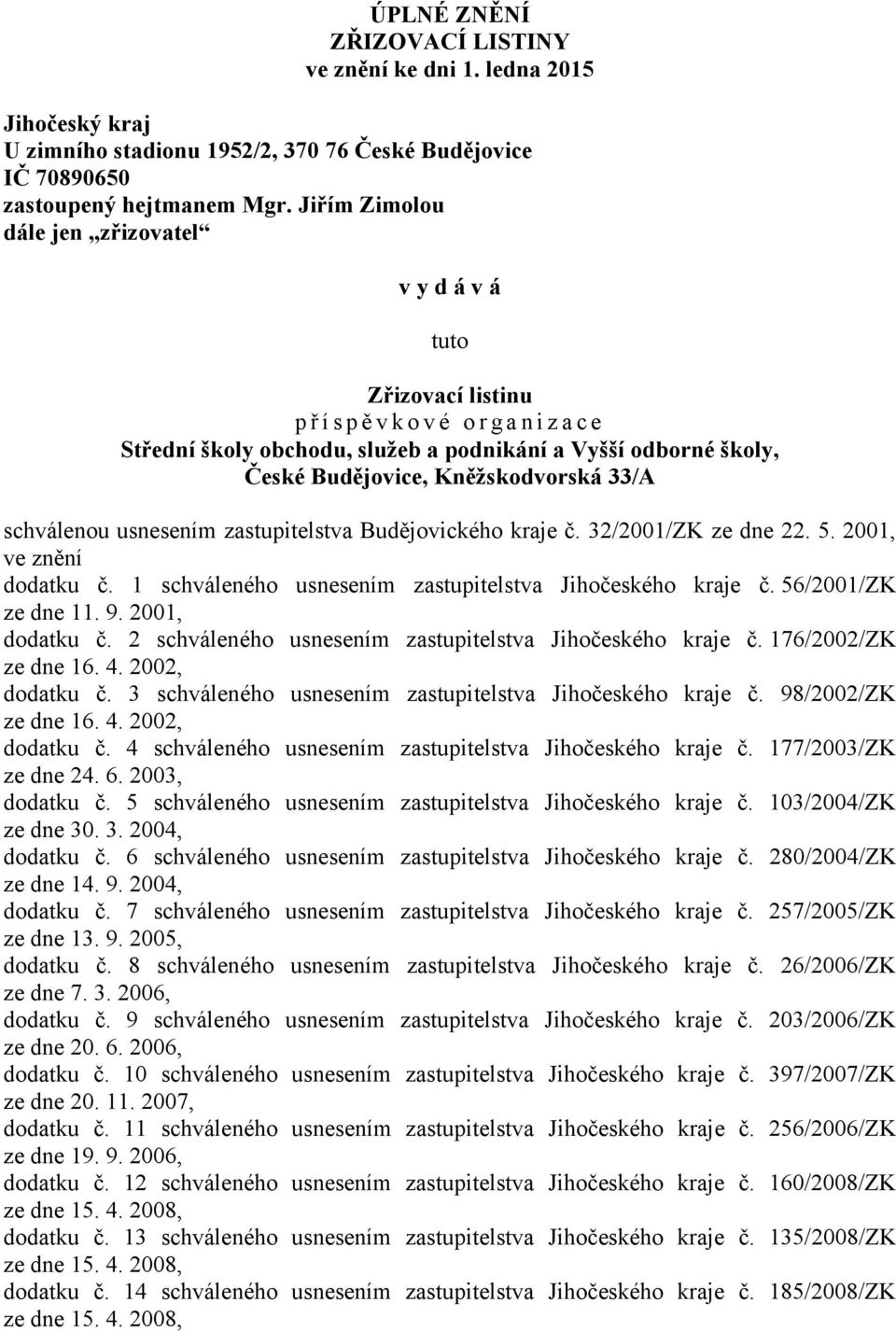 Kněžskodvorská 33/A schválenou usnesením zastupitelstva Budějovického kraje č. 32/2001/ZK ze dne 22. 5. 2001, ve znění dodatku č. 1 schváleného usnesením zastupitelstva Jihočeského kraje č.