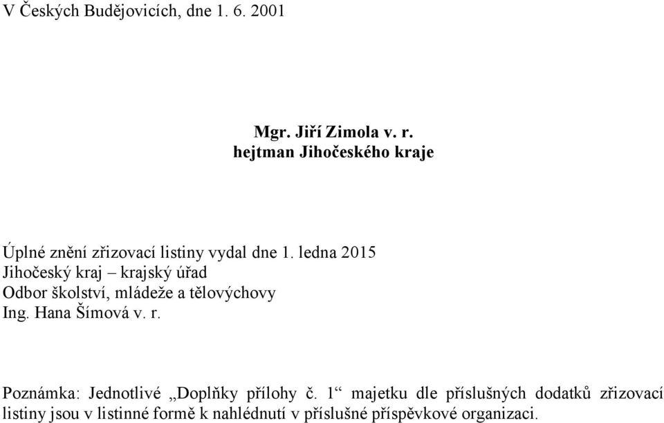 ledna 2015 Jihočeský kraj krajský úřad Odbor školství, mládeže a tělovýchovy Ing. Hana Šímová v. r.