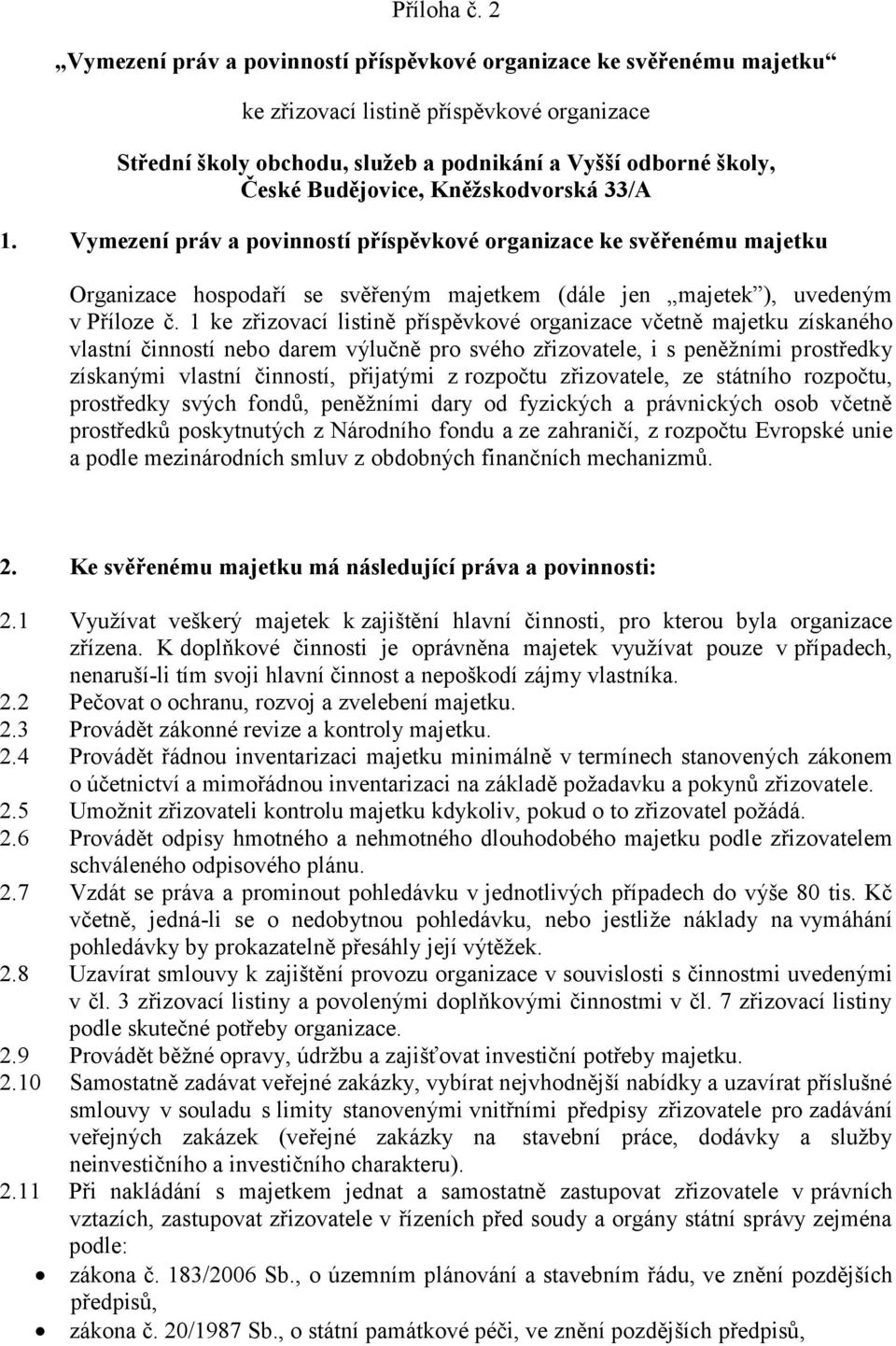 Kněžskodvorská 33/A 1. Vymezení práv a povinností příspěvkové organizace ke svěřenému majetku Organizace hospodaří se svěřeným majetkem (dále jen majetek ), uvedeným v Příloze č.