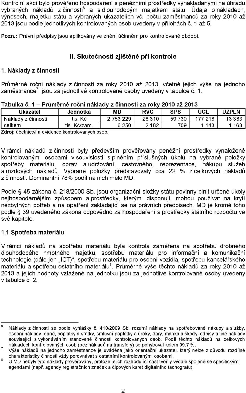 : Právní předpisy jsou aplikovány ve znění účinném pro kontrolované období. 1. Náklady z činnosti II.