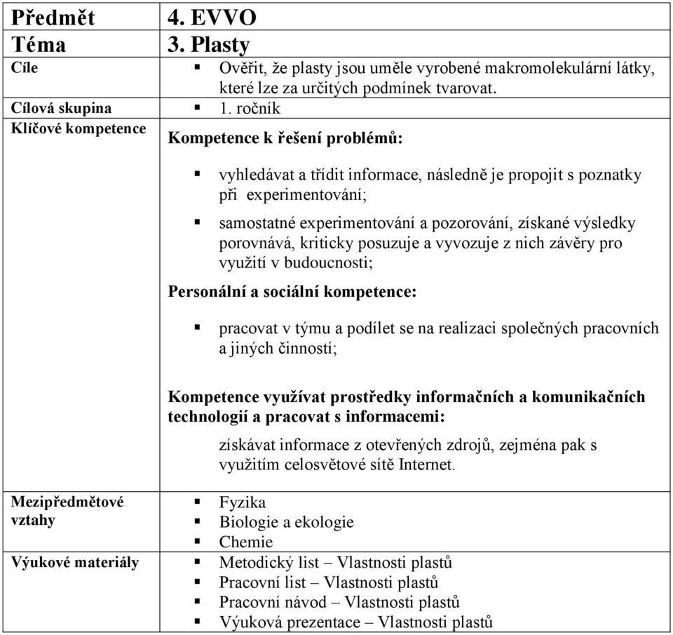 posuzuje a vyvozuje z nich závěry pro využití v budoucnosti; Personální a sociální kompetence: pracovat v týmu a podílet se na realizaci společných pracovních a jiných činností; Kompetence využívat