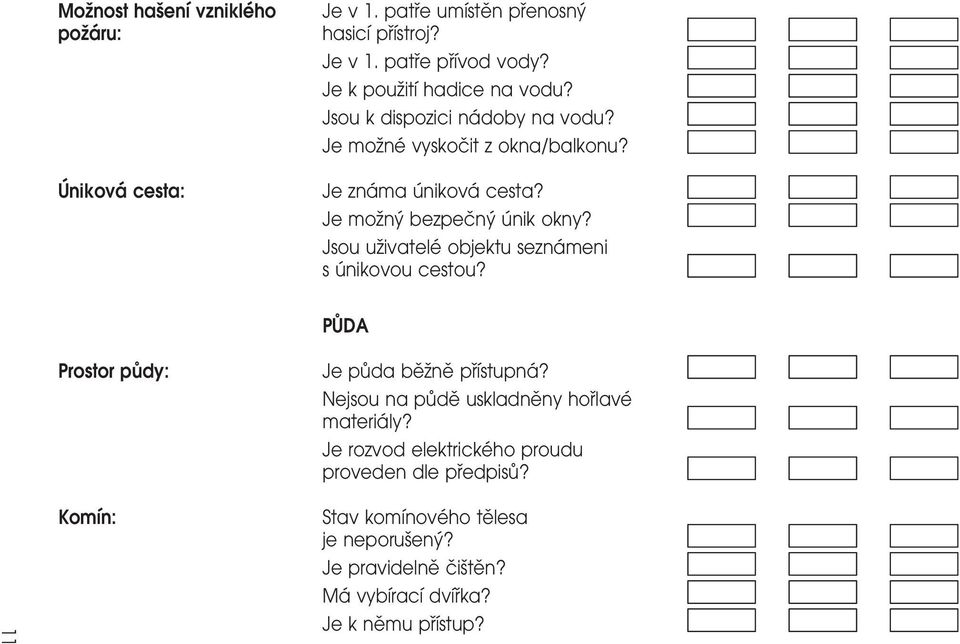 Jsou uzïivateleâ objektu seznaâ meni s uânikovou cestou? PUÊ DA Prostor puê dy: Je puêda beïzïneï prïõâstupnaâ? Nejsou na puêdeï uskladneïny horïlaveâ materiaâ ly?