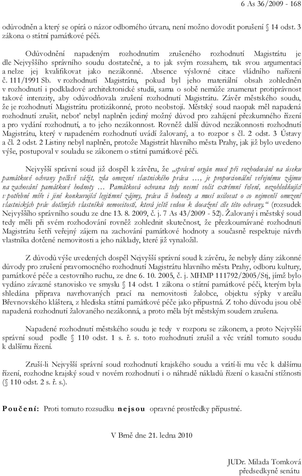 Absence výslovné citace vládního nařízení č. 111/1991 Sb.