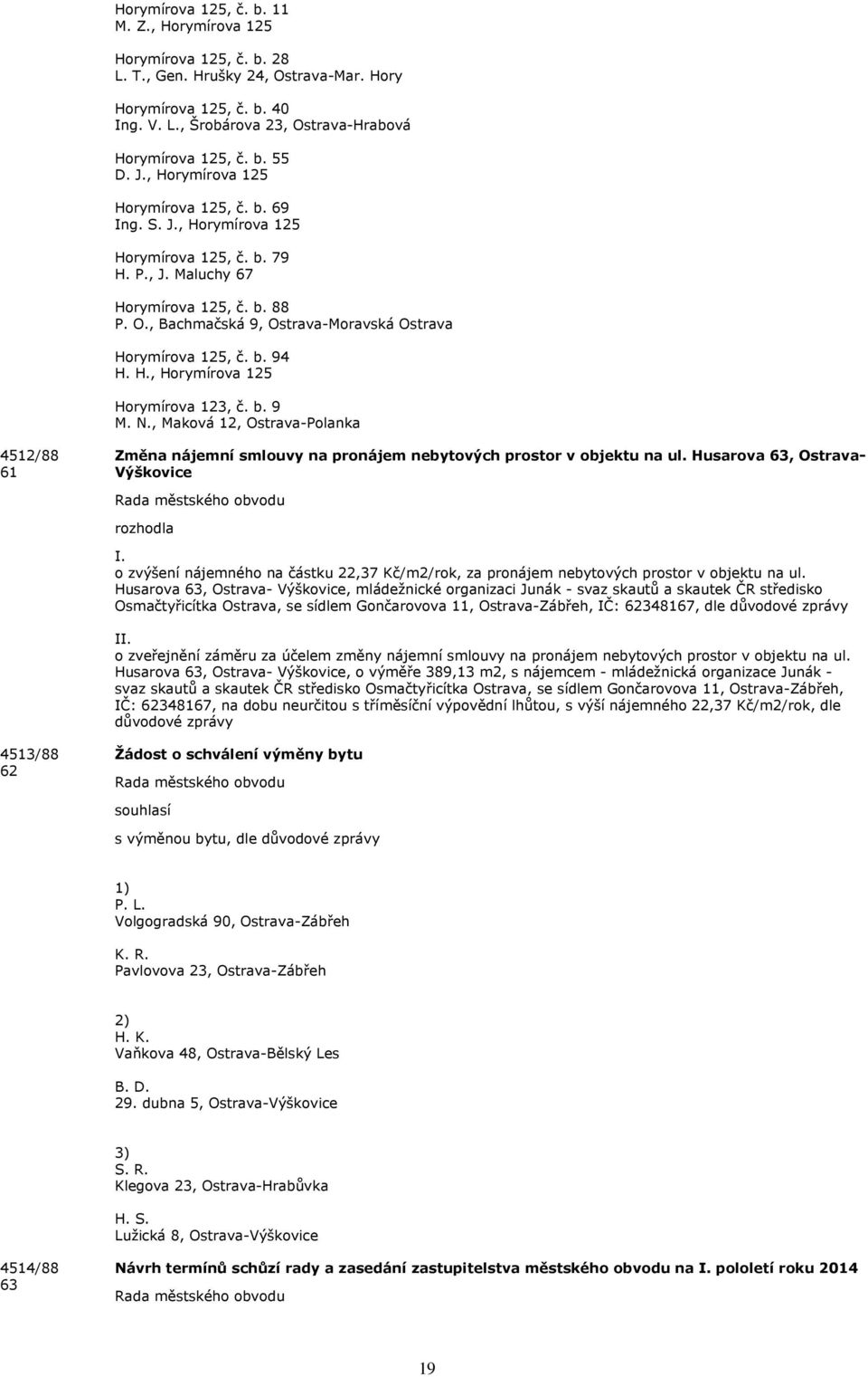 H., Horymírov 125 Horymírov 123, č. b. 9 M. N., Mková 12, Ostrv-Polnk 4512/88 61 Změn nájemní smlouvy n pronájem nebytových prostor v objektu n ul. Husrov 63, Ostrv- Výškovice I.