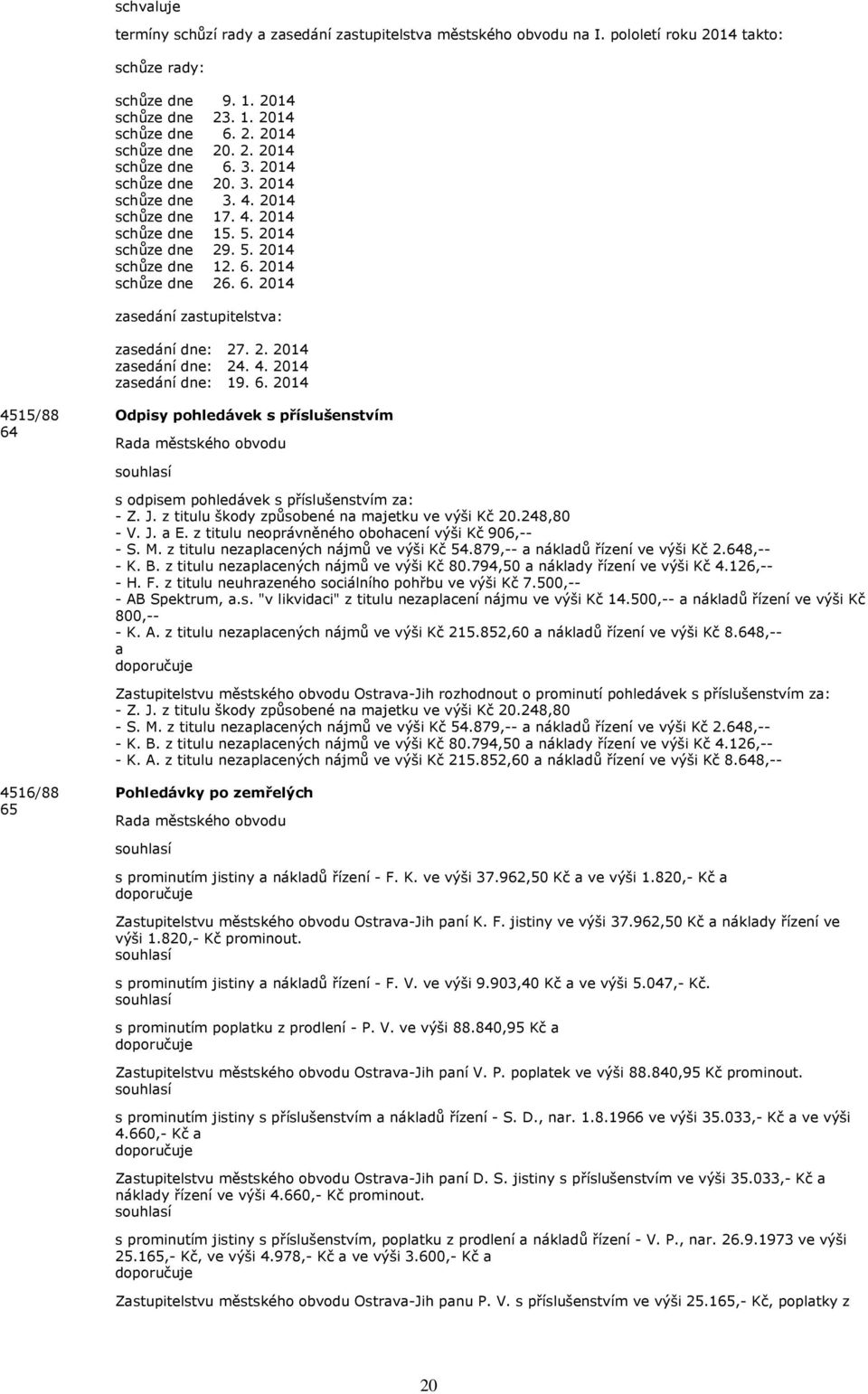 2. 2014 zsedání dne: 24. 4. 2014 zsedání dne: 19. 6. 2014 4515/88 64 Odpisy pohledávek s příslušenstvím s odpisem pohledávek s příslušenstvím z: - Z. J.