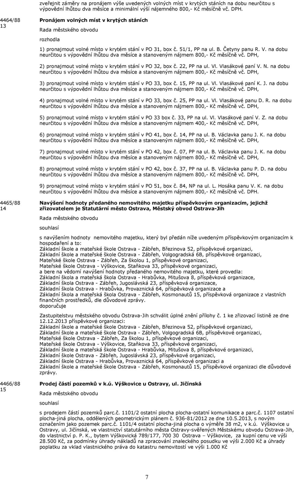 n dobu neurčitou s výpovědní lhůtou dv měsíce stnoveným nájmem 800,- Kč měsíčně vč. DPH, 2) pronjmout volné místo v krytém stání v PO 32, box č. 22, PP n ul. Vl. Vlsákové pní V. N.