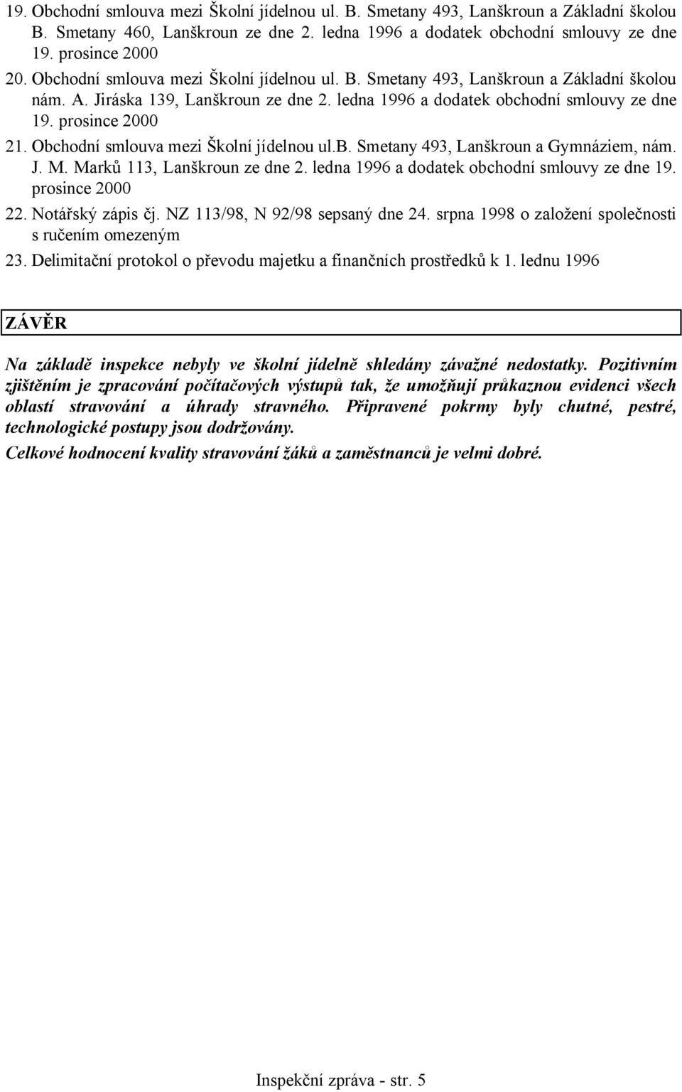 Obchodní smlouva mezi Školní jídelnou ul.b. Smetany 493, Lanškroun a Gymnáziem, nám. J. M. Marků 113, Lanškroun ze dne 2. ledna 1996 a dodatek obchodní smlouvy ze dne 19. prosince 2000 22.