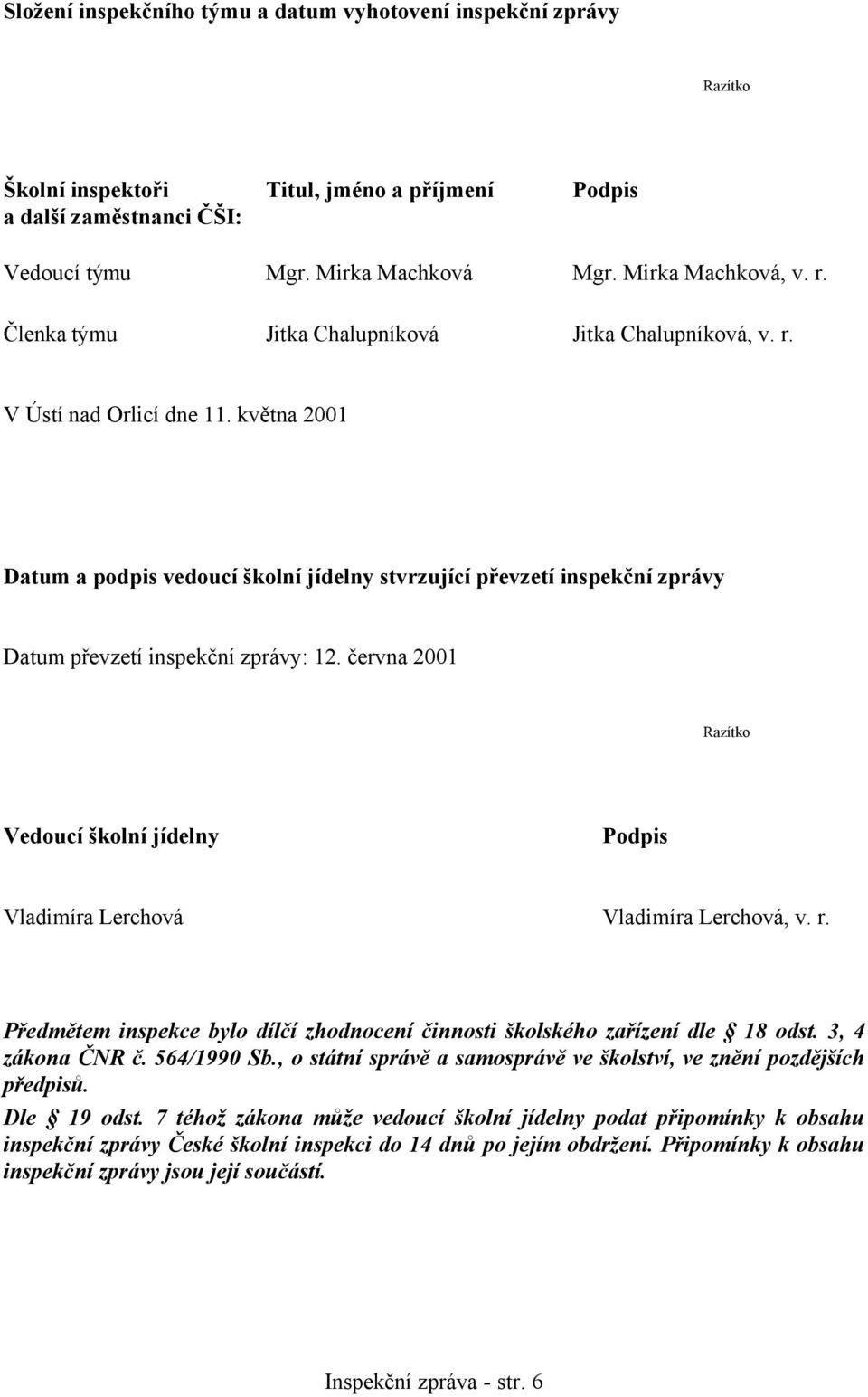 května 2001 Datum a podpis vedoucí školní jídelny stvrzující převzetí inspekční zprávy Datum převzetí inspekční zprávy: 12.