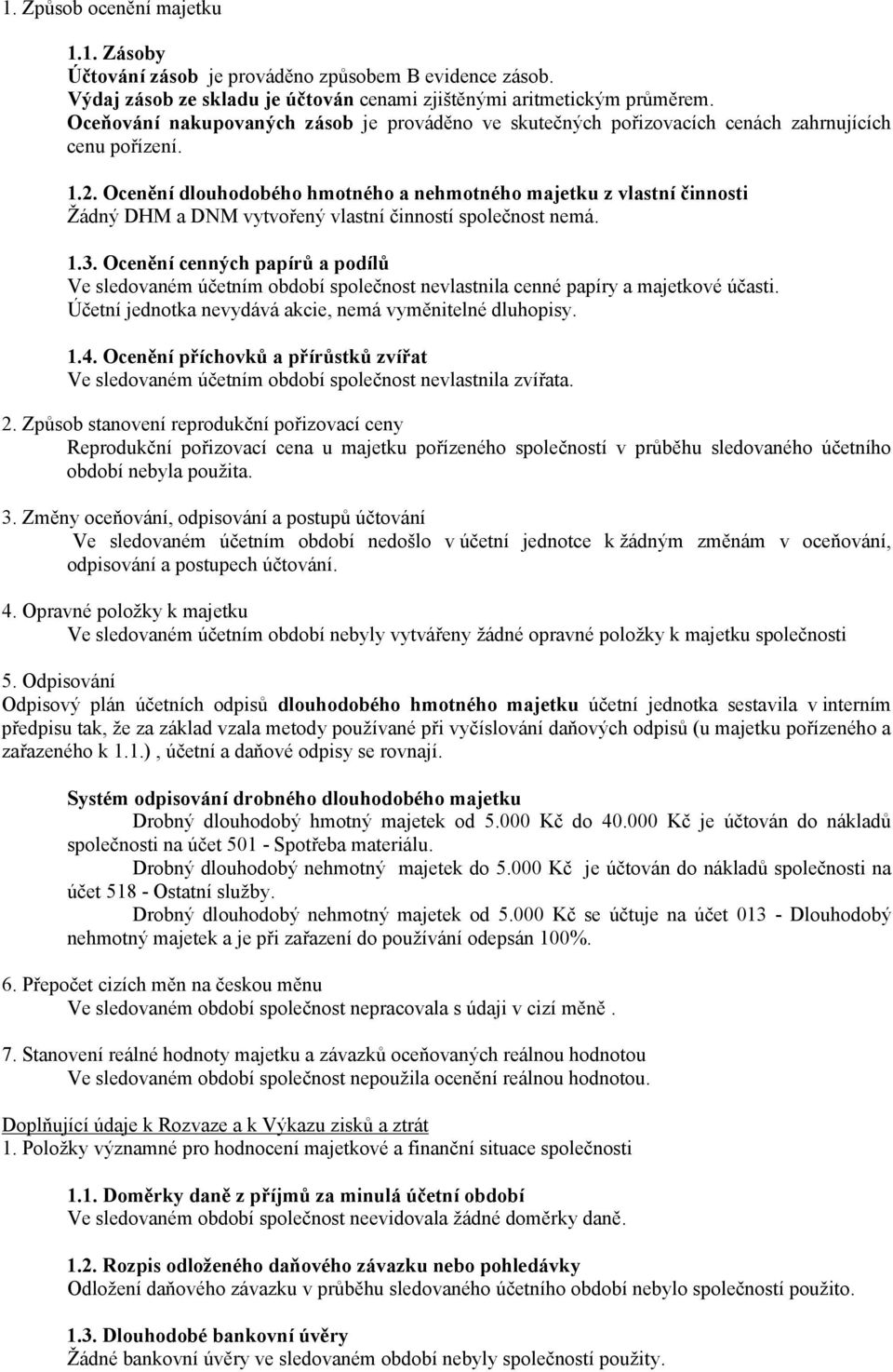 Ocenění dlouhodobého hmotného a nehmotného majetku z vlastní činnosti Žádný DHM a DNM vytvořený vlastní činností společnost nemá. 1.3.