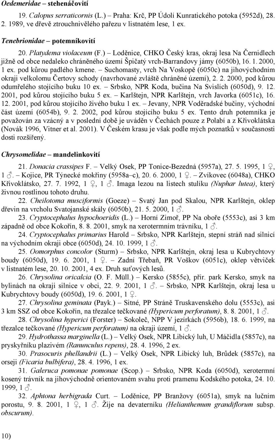 . 1. 2000, 1 ex. pod kůrou padlého kmene. Suchomasty, vrch Na Voskopě (6050c) na jihovýchodním okraji velkolomu Čertovy schody (navrhované zvláště chráněné území), 2. 2. 2000, pod kůrou odumřelého stojícího buku 10 ex.