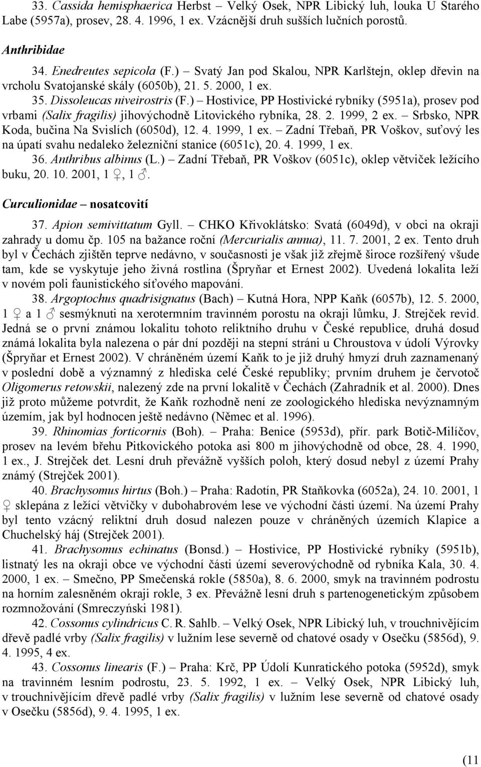 ) Hostivice, PP Hostivické rybníky (5951a), prosev pod vrbami (Salix fragilis) jihovýchodně Litovického rybníka, 28. 2. 1999, 2 ex. Srbsko, NPR Koda, bučina Na Svislích (6050d), 12. 4. 1999, 1 ex.