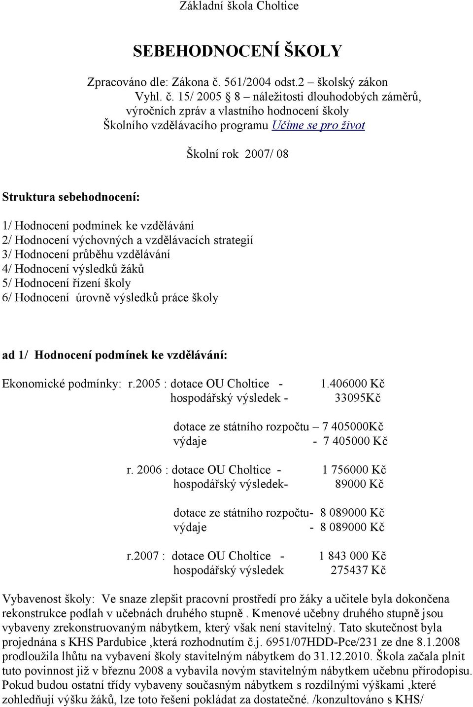 15/ 2005 8 náležitosti dlouhodobých záměrů, výročních zpráv a vlastního hodnocení školy Školního vzdělávacího programu Učíme se pro život Školní rok 2007/ 08 Struktura sebehodnocení: 1/ Hodnocení