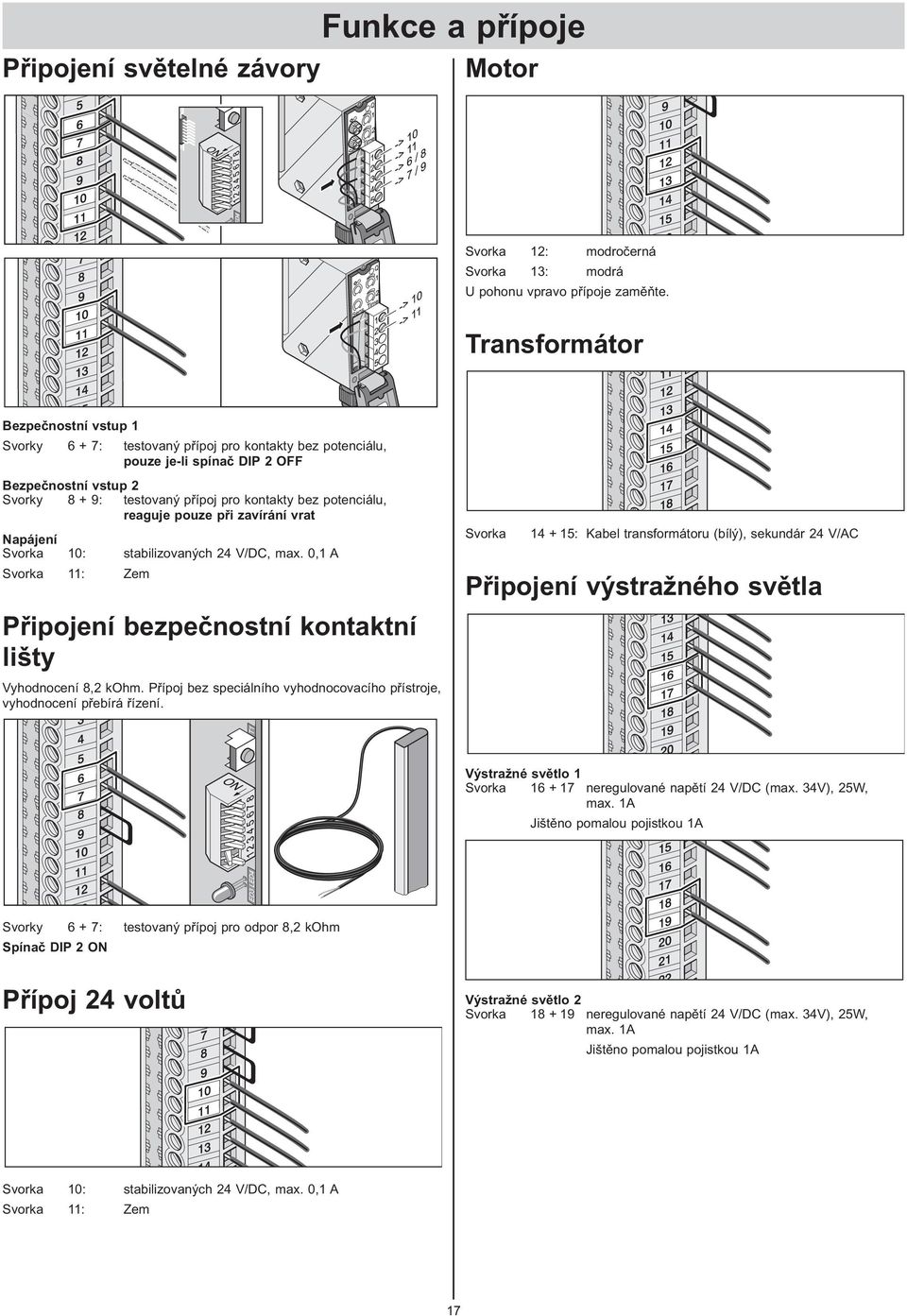 potenciálu, reaguje pouze při zavírání vrat Napájení Svorka 10: stabilizovaných 24 V/DC, max. 0,1 A Svorka 11: Zem Připojení bezpečnostní kontaktní lišty Vyhodnocení 8,2 kohm.