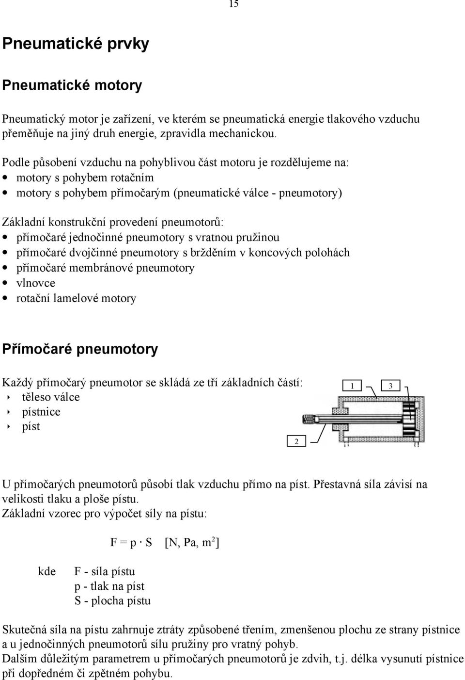 přímočaré jednočinné pneumotory s vratnou pružinou přímočaré dvojčinné pneumotory s bržděním v koncových polohách přímočaré membránové pneumotory vlnovce rotační lamelové motory Přímočaré pneumotory