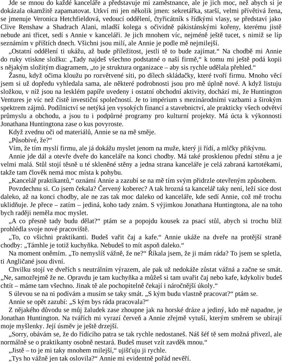 Alani, mladší kolega s očividně pákistánskými kořeny, kterému jistě nebude ani třicet, sedí s Annie v kanceláři. Je jich mnohem víc, nejméně ještě tucet, s nimiž se líp seznámím v příštích dnech.