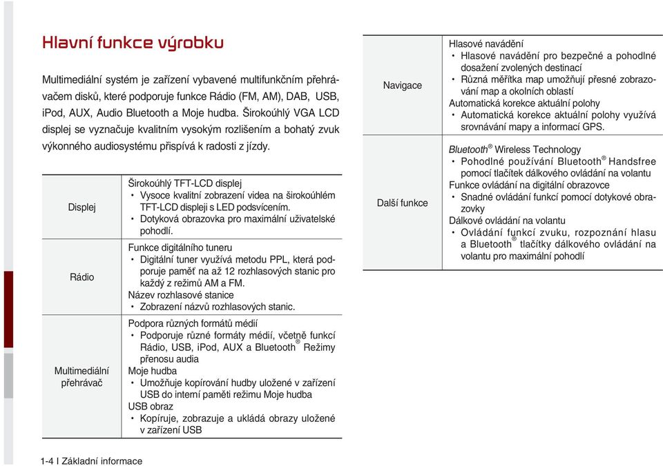 Displej Rádio Multimediální přehrávač Širokoúhlý TFT-LCD displej Vysoce kvalitní zobrazení videa na širokoúhlém TFT-LCD displeji s LED podsvícením.