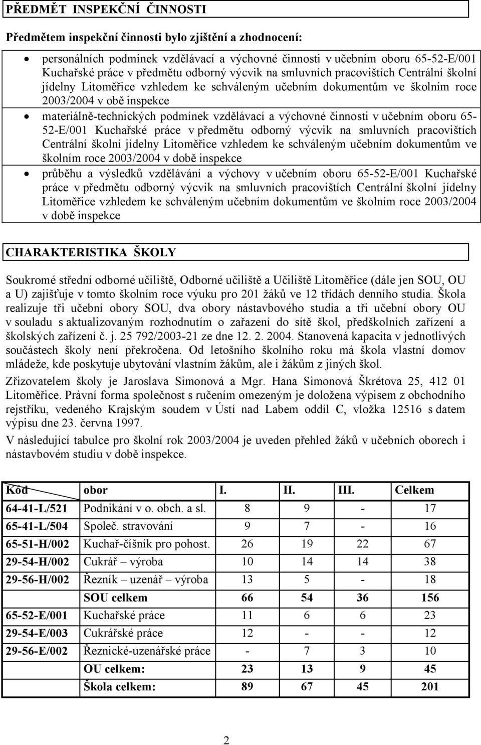 výchovné činnosti v učebním oboru 65-52-E/001 Kuchařské práce v předmětu odborný výcvik na smluvních pracovištích Centrální školní jídelny Litoměřice vzhledem ke schváleným učebním dokumentům ve