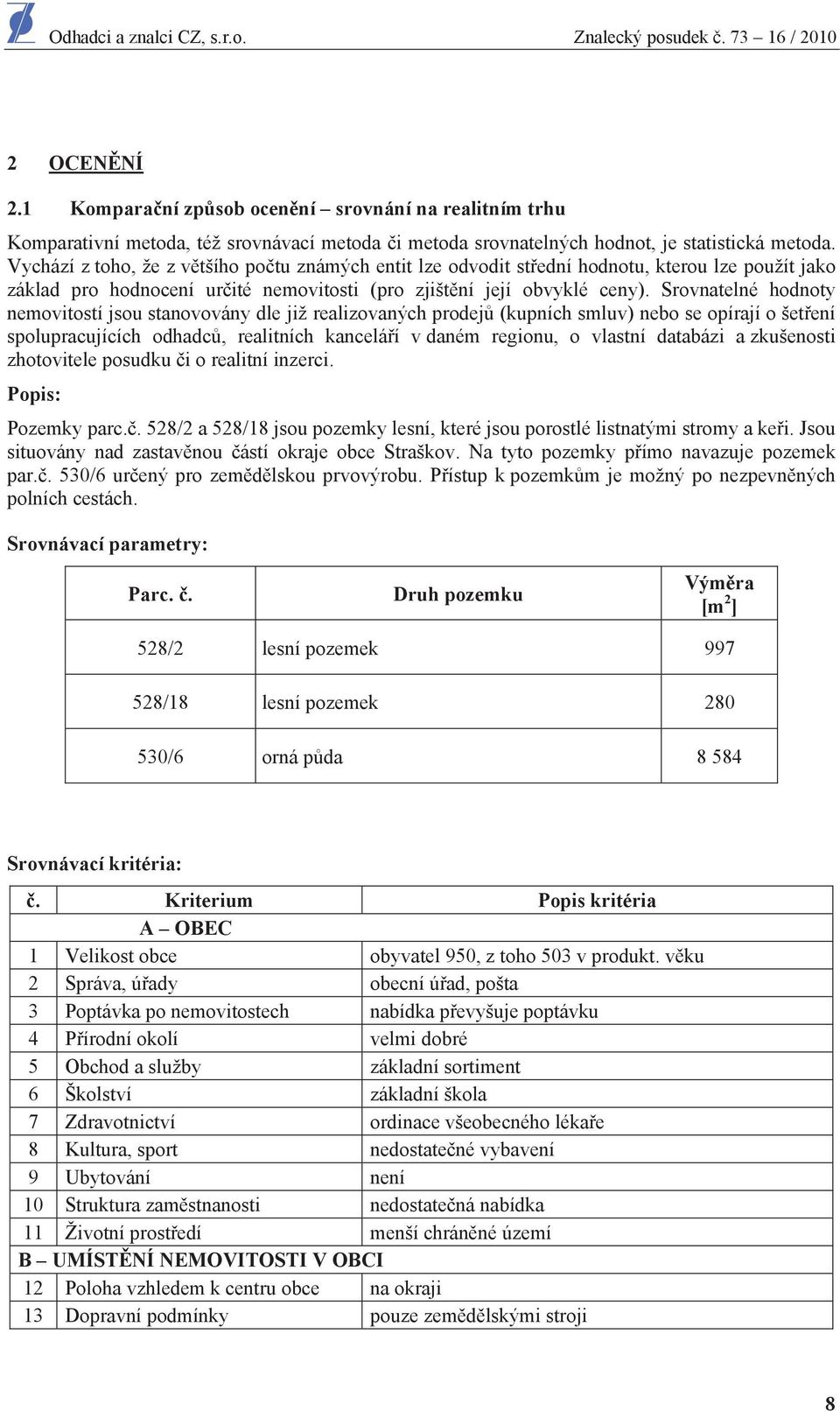 Srovnatelné hodnoty nemovitostí jsou stanovovány dle již realizovaných prodej (kupních smluv) nebo se opírají o šet ení spolupracujících odhadc, realitních kancelá í v daném regionu, o vlastní