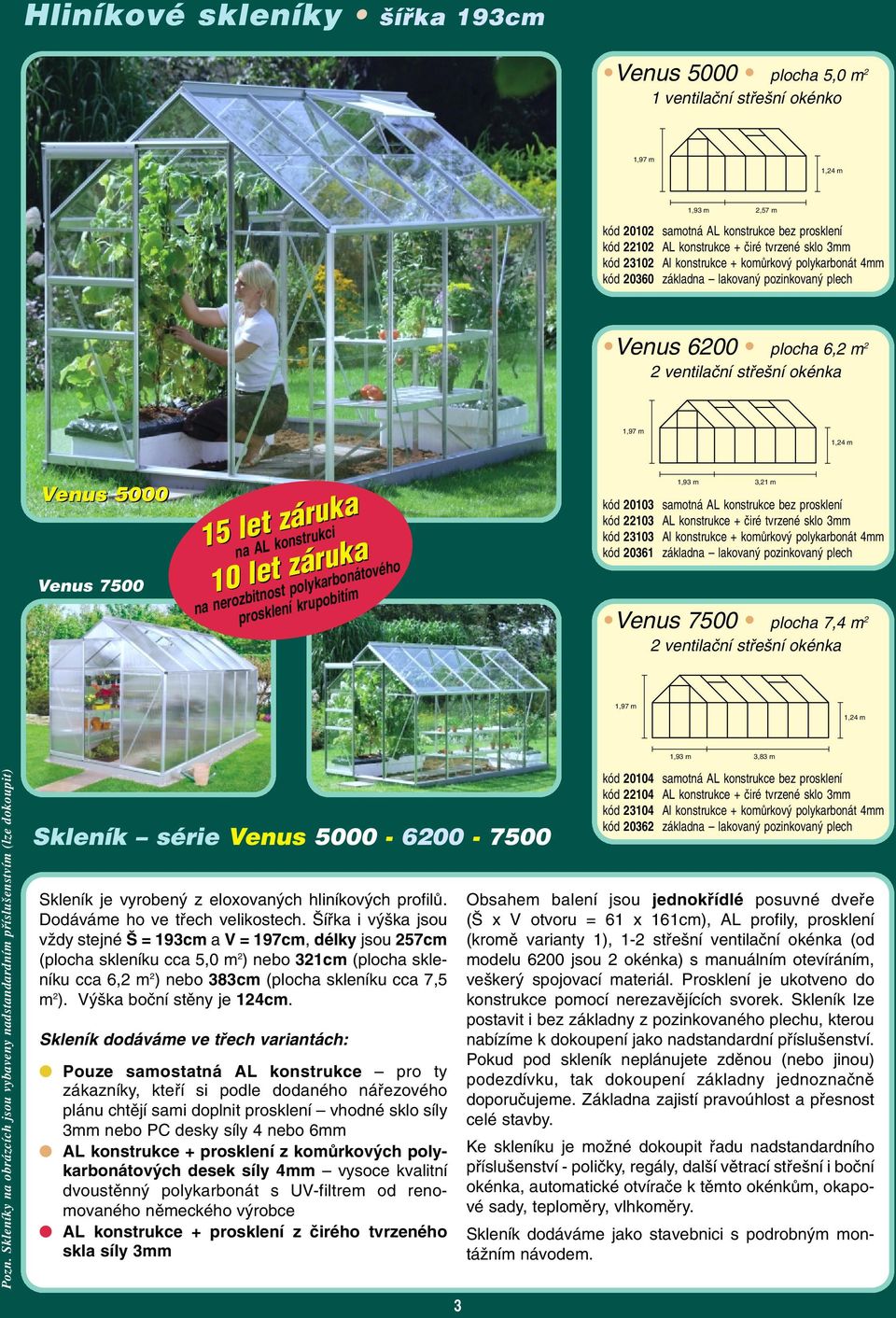 konstrukce bez prosklení kód 22103 AL konstrukce + ãiré tvrzené sklo 3mm kód 23103 Al konstrukce + komûrkov polykarbonát 4mm kód 20361 základna lakovan pozinkovan plech Venus 7500 plocha 7,4 m 2 1,97