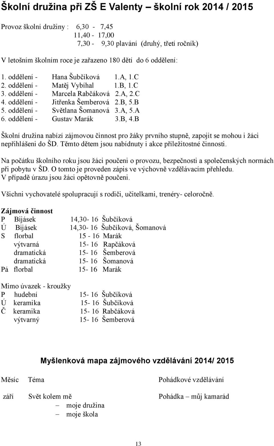 oddělení - Světlana Šomanová 3.A, 5.A 6. oddělení - Gustav Marák 3.B, 4.B Školní družina nabízí zájmovou činnost pro žáky prvního stupně, zapojit se mohou i žáci nepřihlášeni do ŠD.