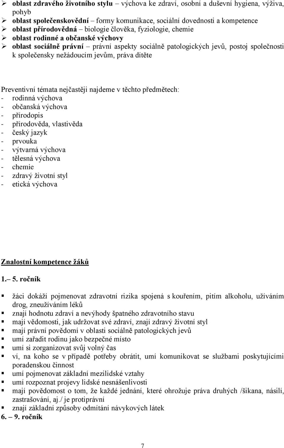 Preventivní témata nejčastěji najdeme v těchto předmětech: - rodinná výchova - občanská výchova - přírodopis - přírodověda, vlastivěda - český jazyk - prvouka - výtvarná výchova - tělesná výchova -