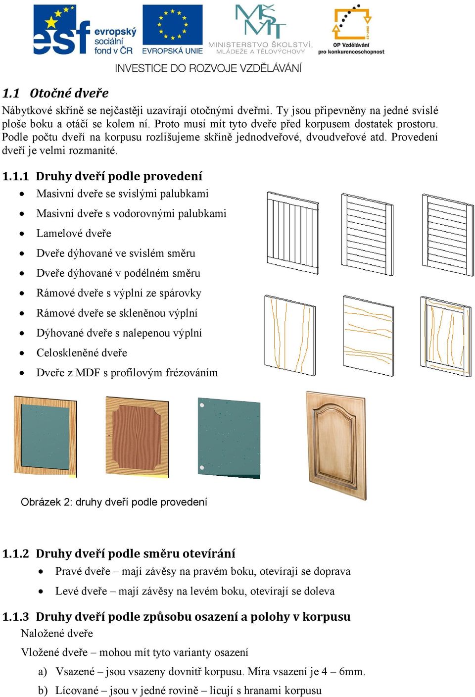 1.1 Druhy dveří podle provedení Masivní dveře se svislými palubkami Masivní dveře s vodorovnými palubkami Lamelové dveře Dveře dýhované ve svislém směru Dveře dýhované v podélném směru Rámové dveře s