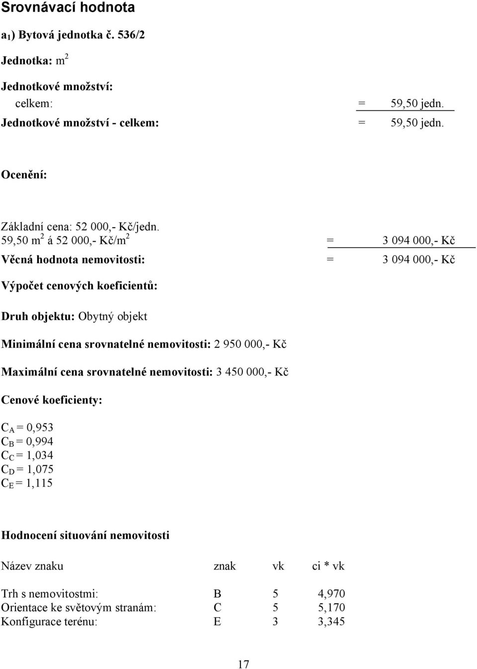 59,50 m 2 á 52 000,- Kč/m 2 = 3 094 000,- Kč Věcná hodnota nemovitosti: = 3 094 000,- Kč Výpočet cenových koeficientů: Druh objektu: Obytný objekt Minimální cena srovnatelné