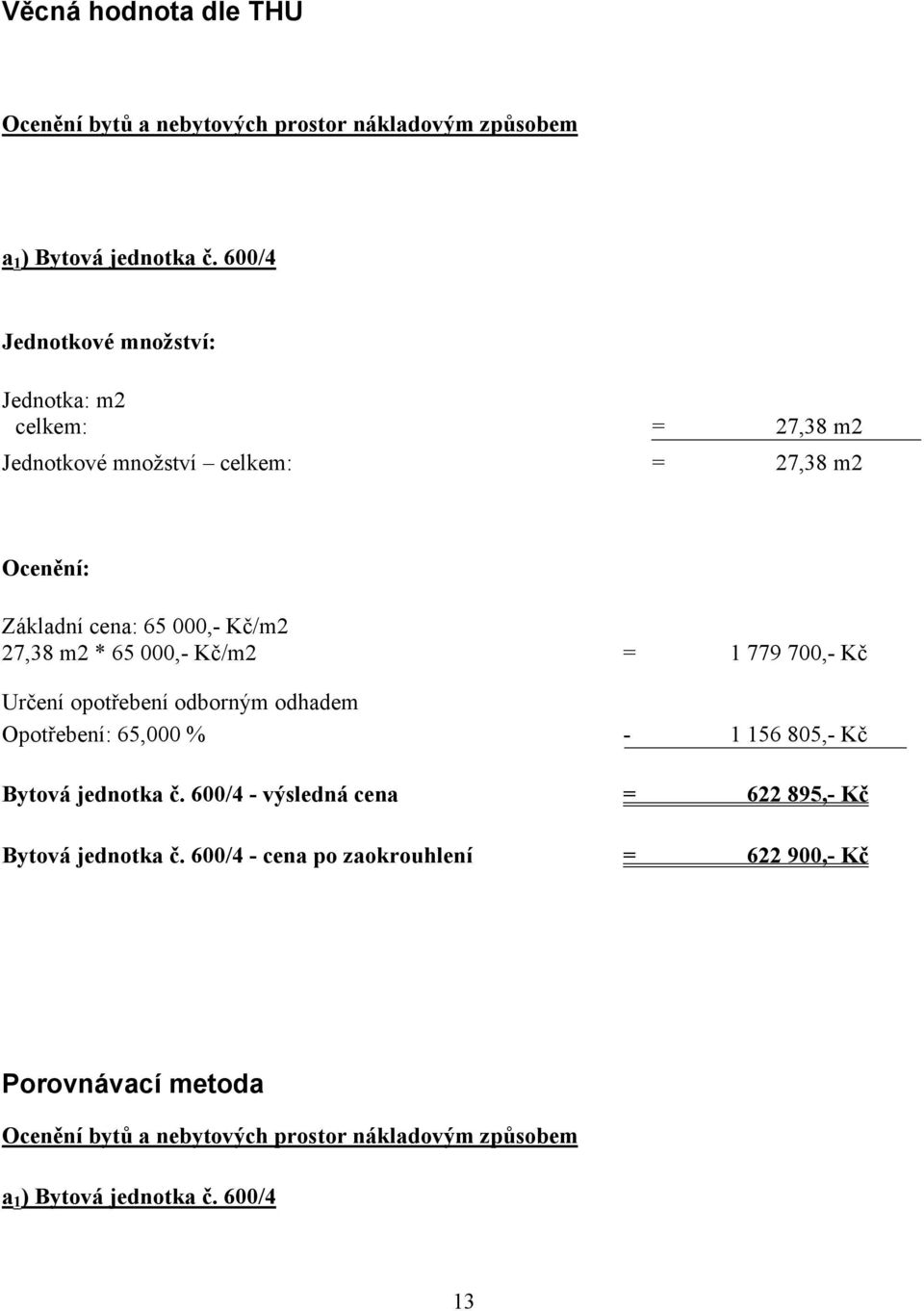 m2 * 65 000,- Kč/m2 = 1 779 700,- Kč Určení opotřebení odborným odhadem Opotřebení: 65,000 % - 1 156 805,- Kč Bytová jednotka č.