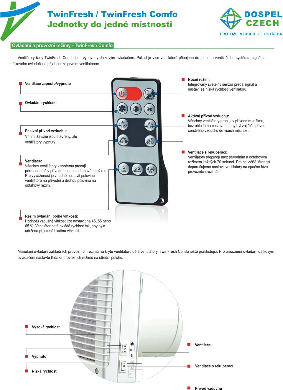 Ventilace zapnuto/vypnuto Noční režim: Integrovaný světelný senzor předá signál a nastaví se nízká rychlosti ventilátoru.