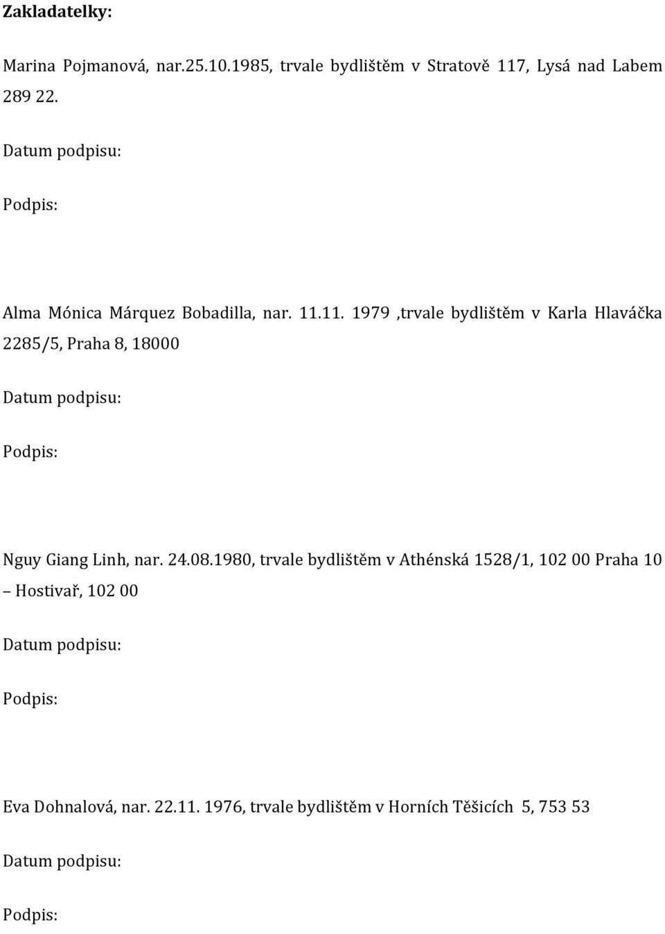 11. 1979,trvale bydlištěm v Karla Hlaváčka 2285/5, Praha 8, 18000 Datum podpisu: Podpis: Nguy Giang Linh, nar. 24.08.