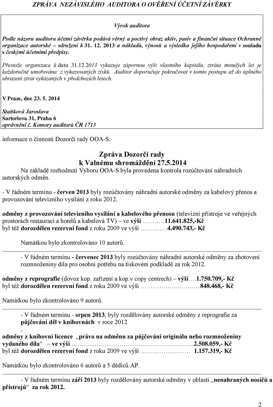 Auditor doporučuje pokračovat v tomto postupu až do úplného uhrazení ztrát vykázaných v předchozích letech. V Praze, dne 23. 5. 2014 Staňková Jaroslava Sartoriova 31, Praha 6 oprávnění č.