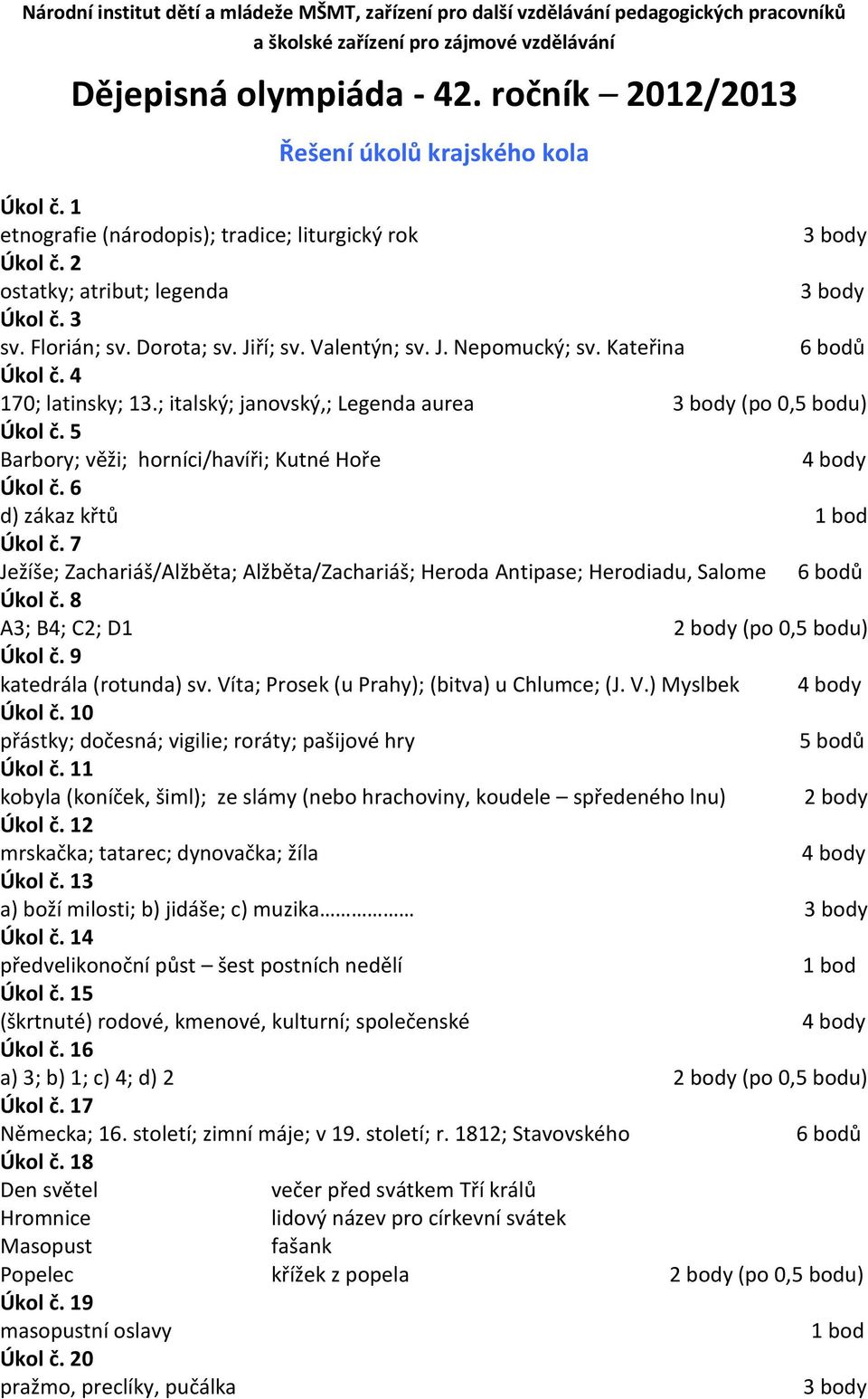 Valentýn; sv. J. Nepomucký; sv. Kateřina Úkol č. 4 170; latinsky; 13.; italský; janovský,; Legenda aurea (po 0,5 bodu) Úkol č. 5 Barbory; věži; horníci/havíři; Kutné Hoře Úkol č.