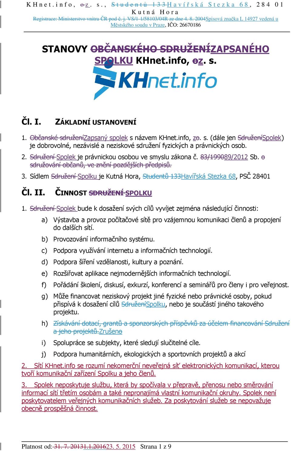 Sídlem Sdružení Spolku je Kutná Hora, Studentů 133Havířská Stezka 68, PSČ 28401 Čl. II. ČINNOST SDRUŽENÍ SPOLKU 1.