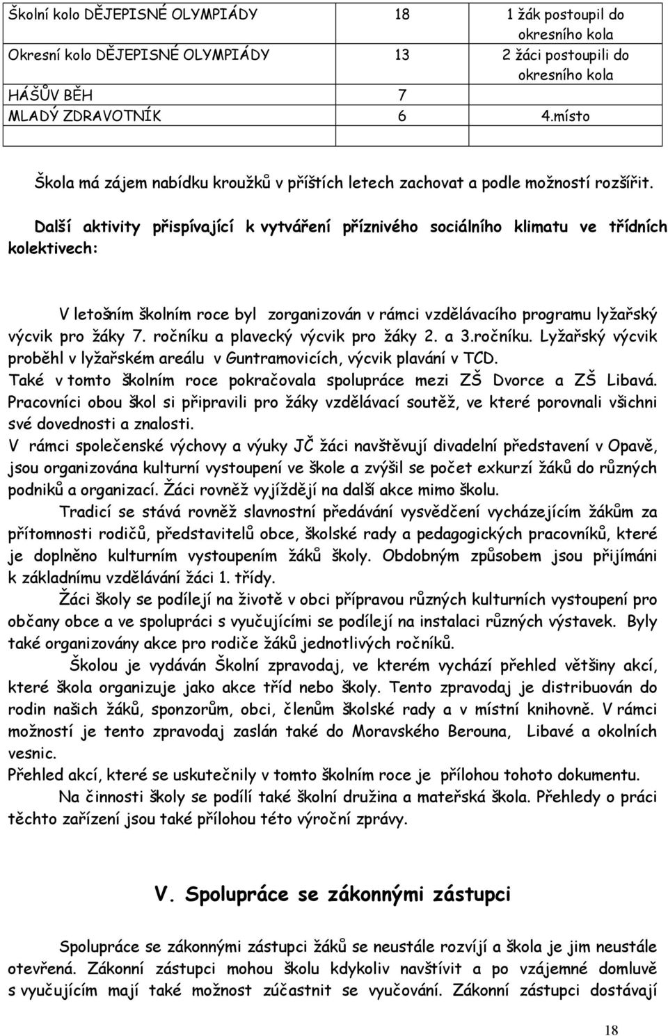 Další aktivity přispívající k vytváření příznivého sociálního klimatu ve třídních kolektivech: V letošním školním roce byl zorganizován v rámci vzdělávacího programu lyžařský výcvik pro žáky 7.