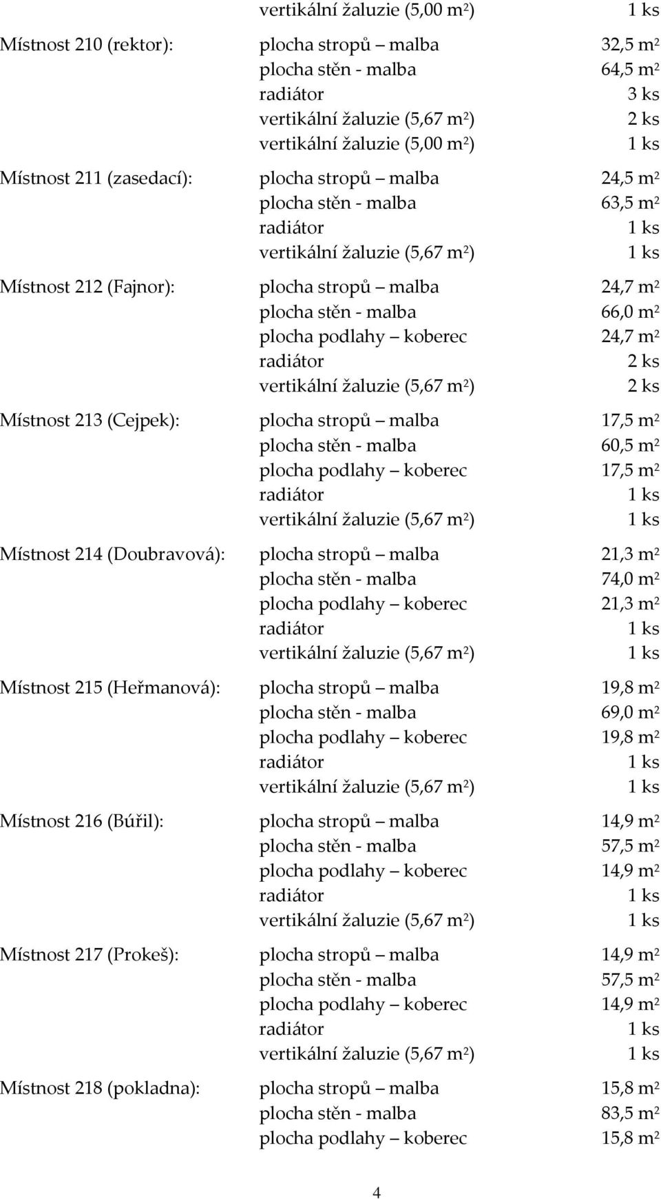 Místnost 214 (Doubravová): plocha stropů malba 21,3 m 2 plocha stěn - malba 74,0 m 2 plocha podlahy koberec 21,3 m 2 Místnost 215 (Heřmanová): plocha stropů malba 19,8 m 2 plocha stěn - malba 69,0 m