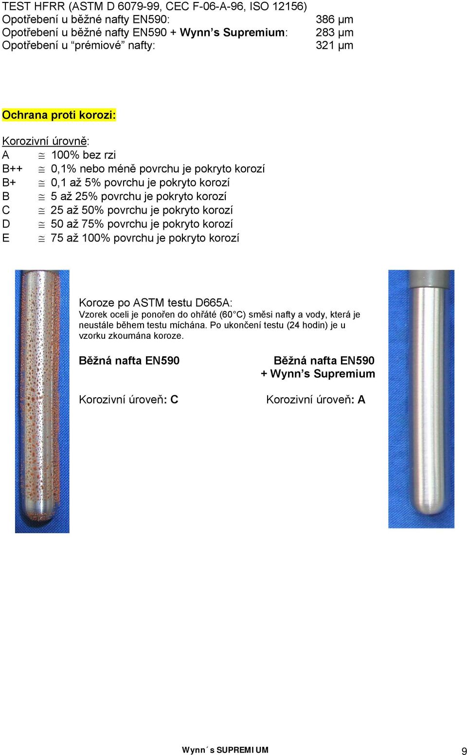 pokryto korozí D 50 až 75% povrchu je pokryto korozí E 75 až 100% povrchu je pokryto korozí Koroze po ASTM testu D665A: Vzorek oceli je ponořen do ohřáté (60 C) směsi nafty a vody, která je