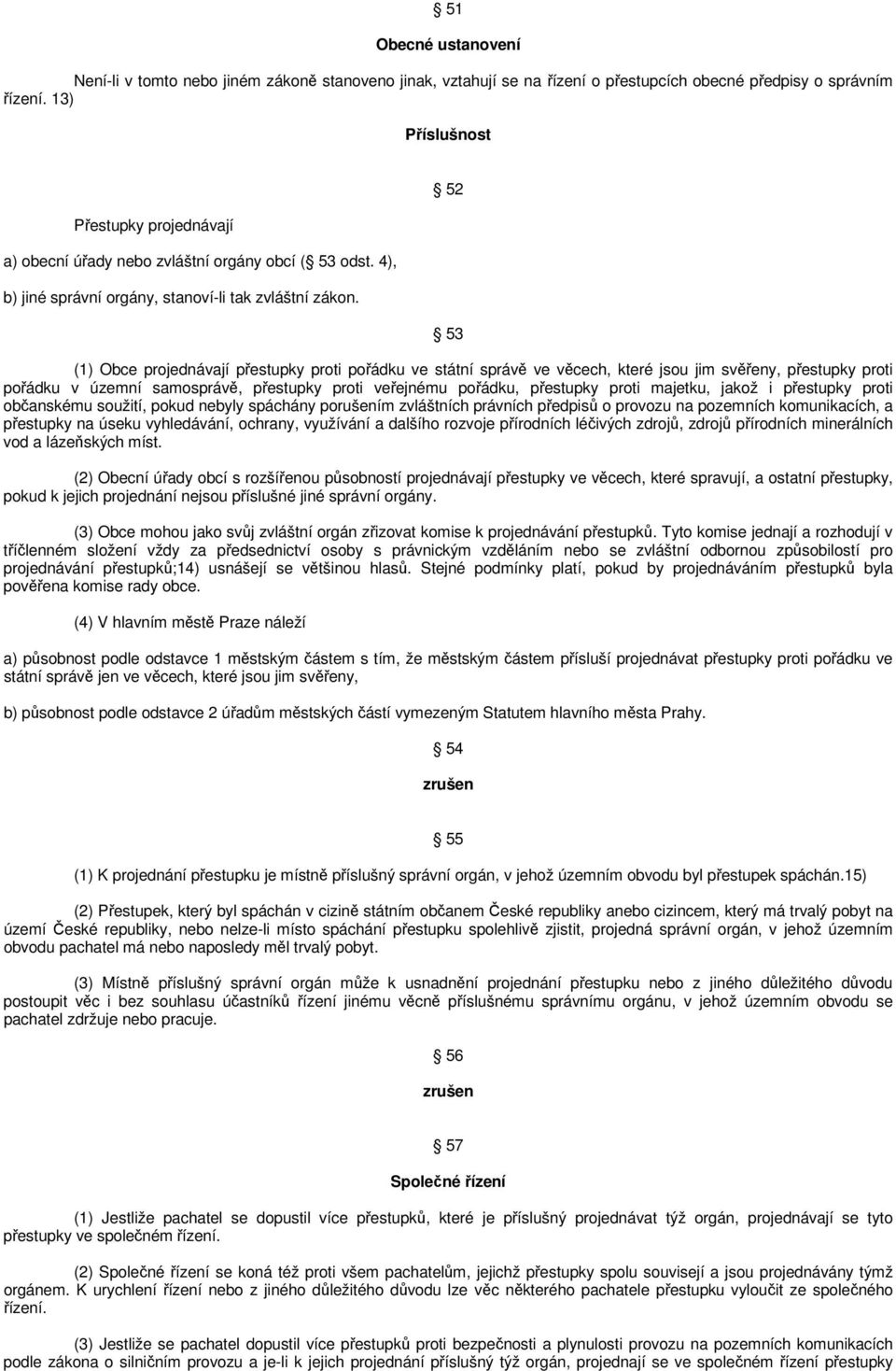 52 53 (1) Obce projednávají přestupky proti pořádku ve státní správě ve věcech, které jsou jim svěřeny, přestupky proti pořádku v územní samosprávě, přestupky proti veřejnému pořádku, přestupky proti