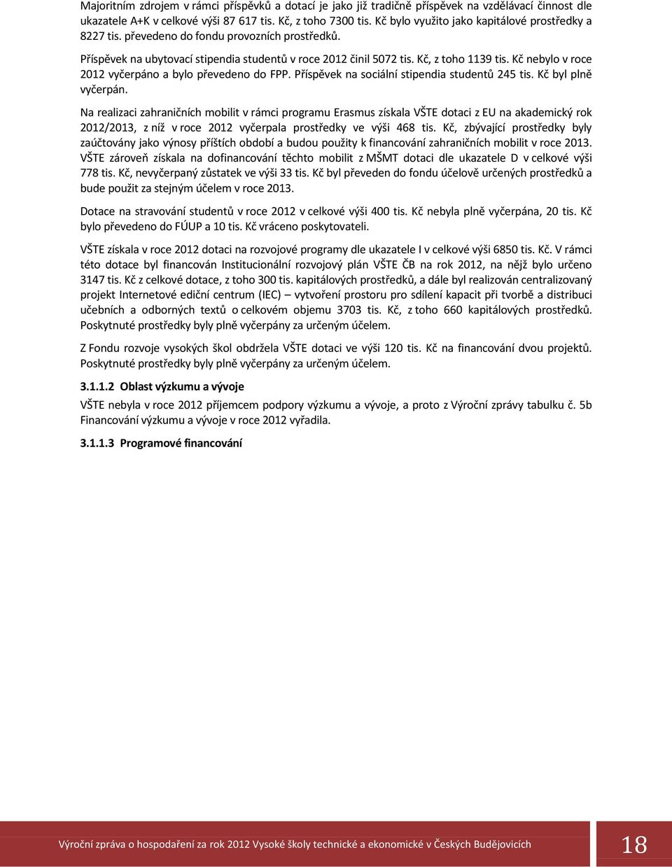 Kč nebylo v roce 2012 vyčerpáno a bylo převedeno do FPP. Příspěvek na sociální stipendia studentů 245 tis. Kč byl plně vyčerpán.