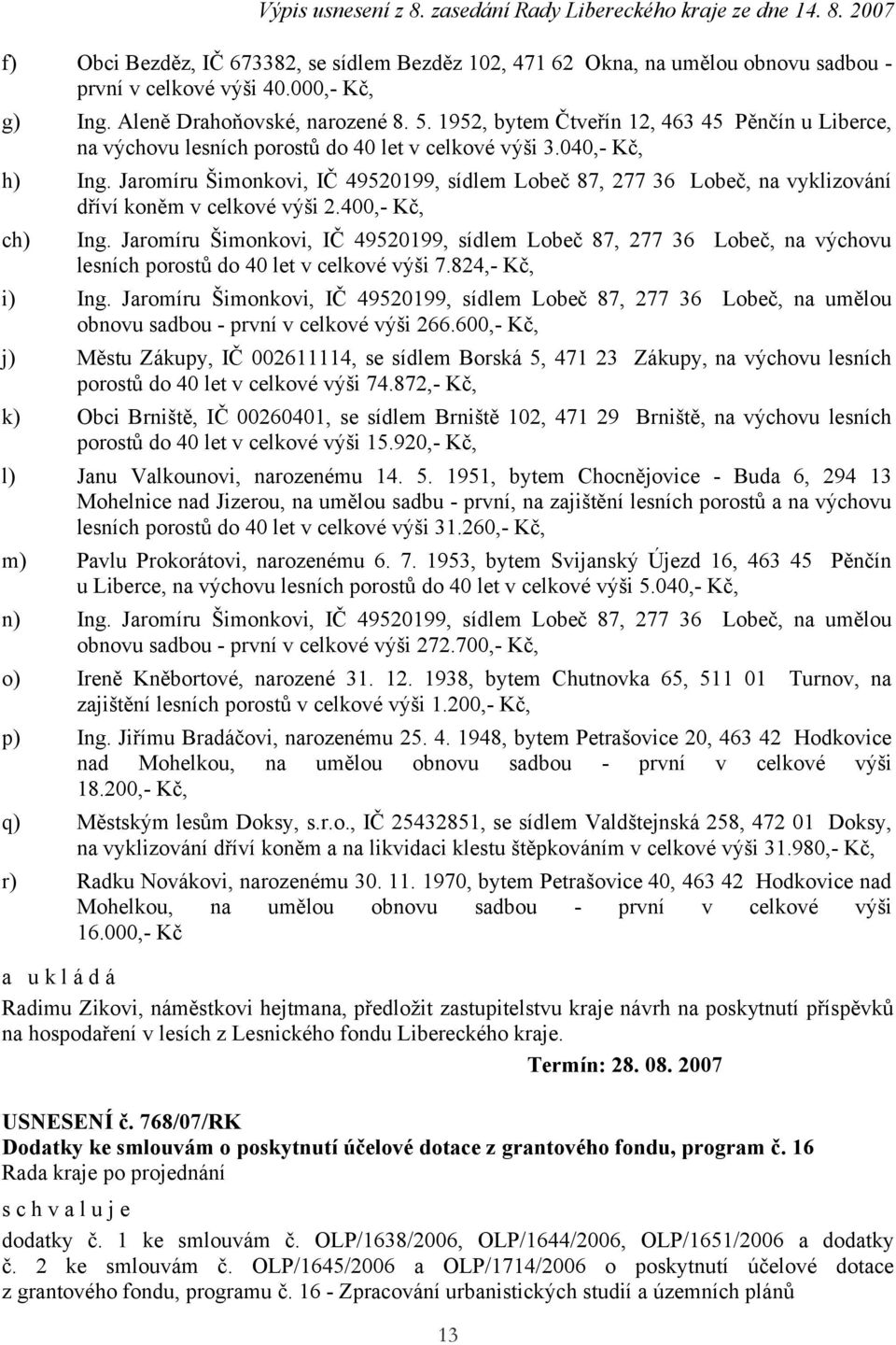 Jaromíru Šimonkovi, IČ 49520199, sídlem Lobeč 87, 277 36 Lobeč, na vyklizování dříví koněm v celkové výši 2.400,- Kč, ch) Ing.