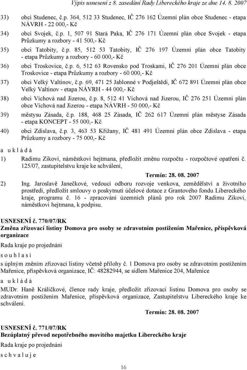 p. 69, 471 25 Jablonné v Podještědí, IČ 672 891 Územní plán obce Velký Valtinov - etapa NÁVRH - 44 000,- Kč 38) obci Víchová nad Jizerou, č.p. 8, 512 41 Víchová nad Jizerou, IČ 276 251 Územní plán obce Víchová nad Jizerou - etapa NÁVRH - 50 000,- Kč 39) městysu Zásada, č.