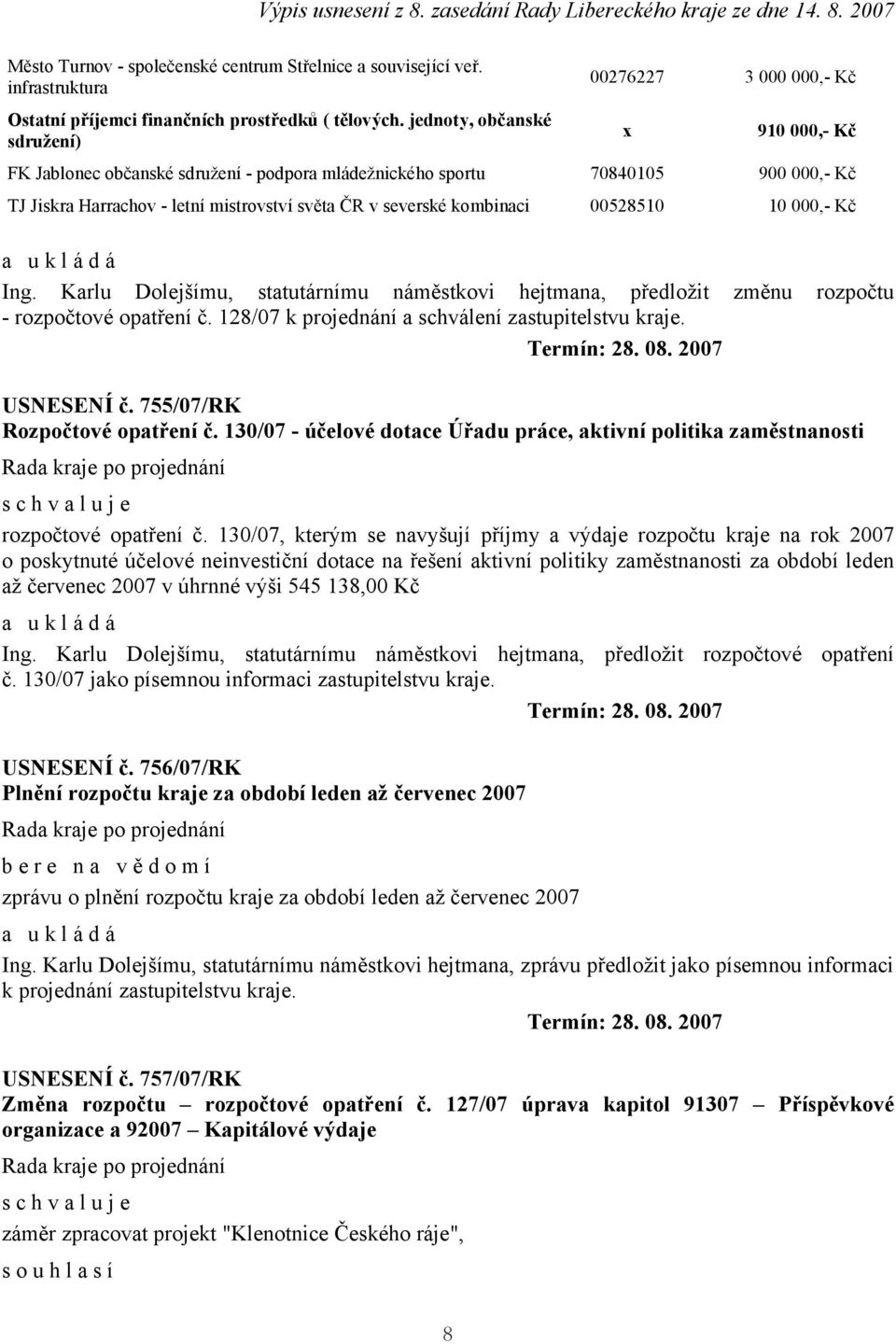 v severské kombinaci 00528510 10 000,- Kč Ing. Karlu Dolejšímu, statutárnímu náměstkovi hejtmana, předložit změnu rozpočtu - rozpočtové opatření č.