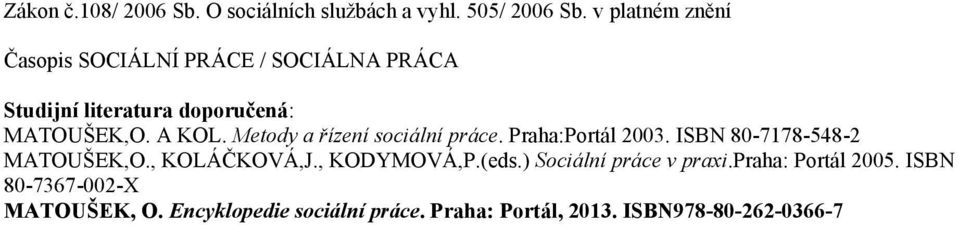 Metody a řízení sociální práce. Praha:Portál 2003. ISBN 80-7178-548-2 MATOUŠEK,O., KOLÁČKOVÁ,J.