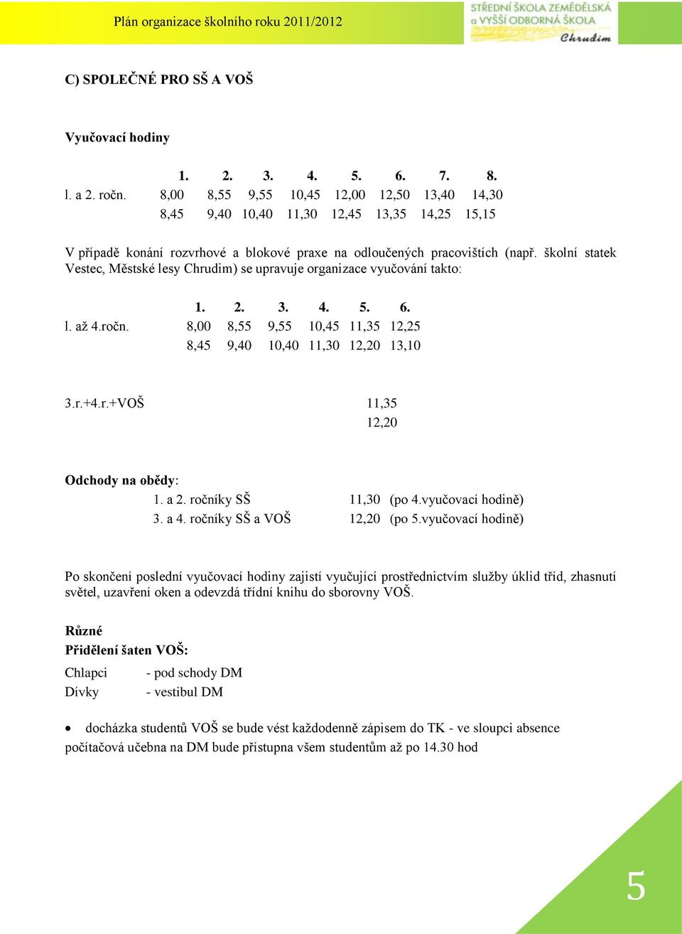 školní statek Vestec, Městské lesy Chrudim) se upravuje organizace vyučování takto: 1. 2. 3. 4. 5. 6. l. až 4.ročn. 8,00 8,55 9,55 10,45 11,35 12,25 8,45 9,40 10,40 11,30 12,20 13,10 3.r.+4.r.+VOŠ 11,35 12,20 Odchody na obědy: 1.