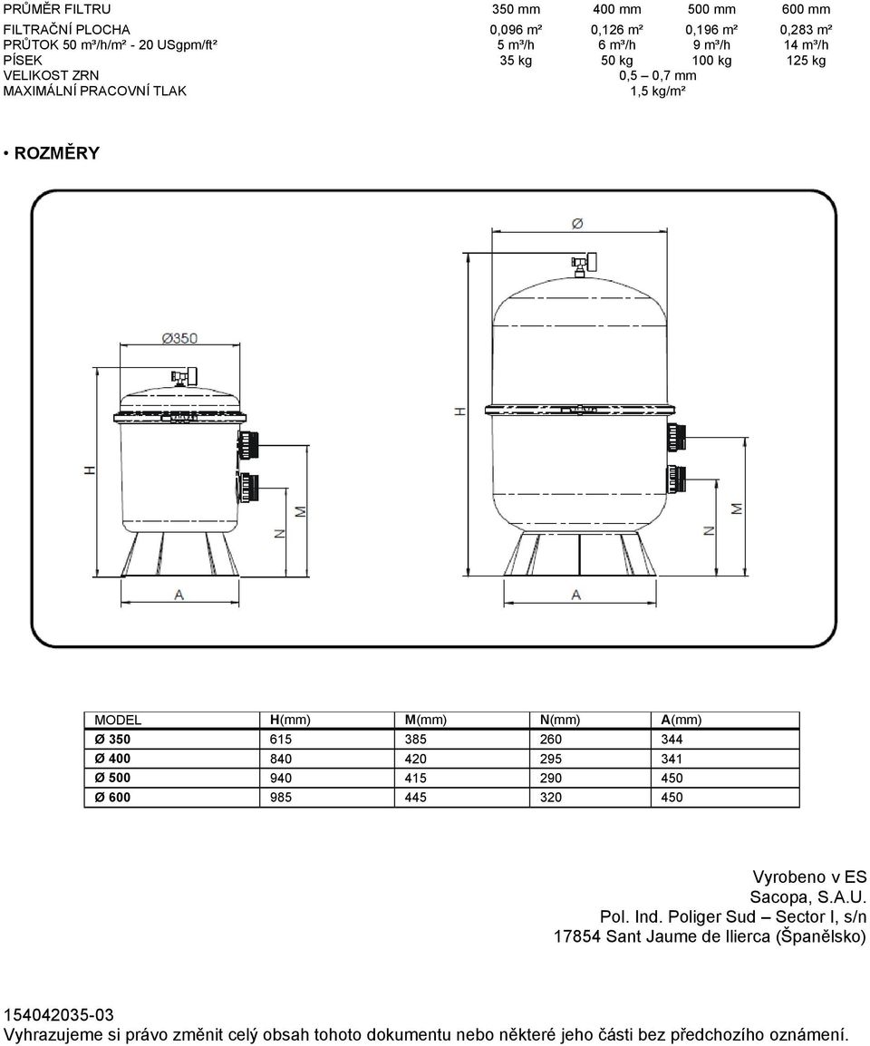 385 260 344 Ø 400 840 420 295 341 Ø 500 940 415 290 450 Ø 600 985 445 320 450 Vyrobeno v ES Sacopa, S.A.U. Pol. Ind.