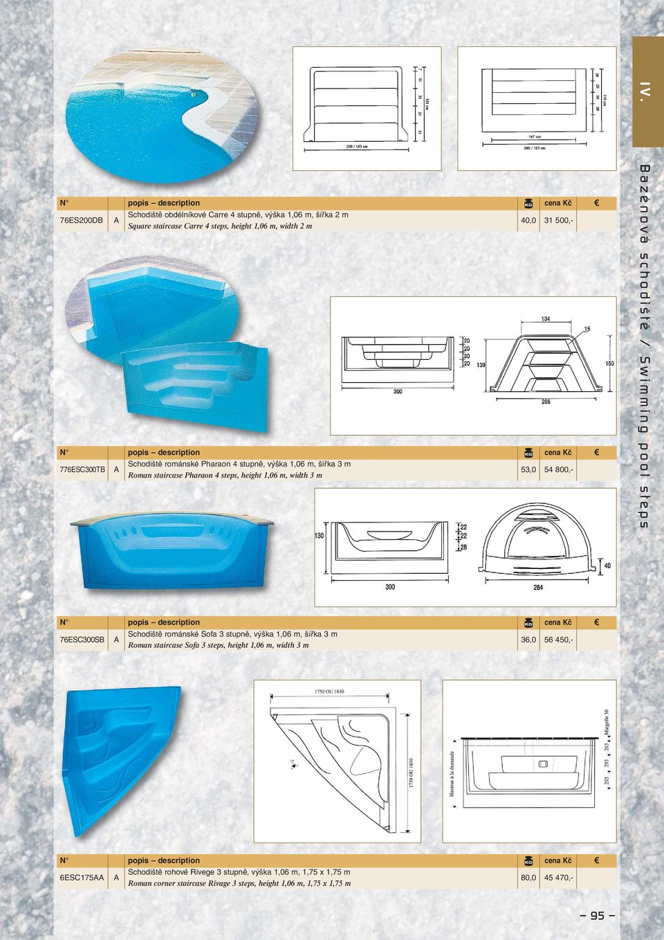 Swimming pool steps Schodiště románské Sofa 3 stupně, výška 1,06 m, šířka 3 m 76ESC300SB A 36,0 56 450,- Roman staircase Sofa 3 steps, height 1,06 m, width 3