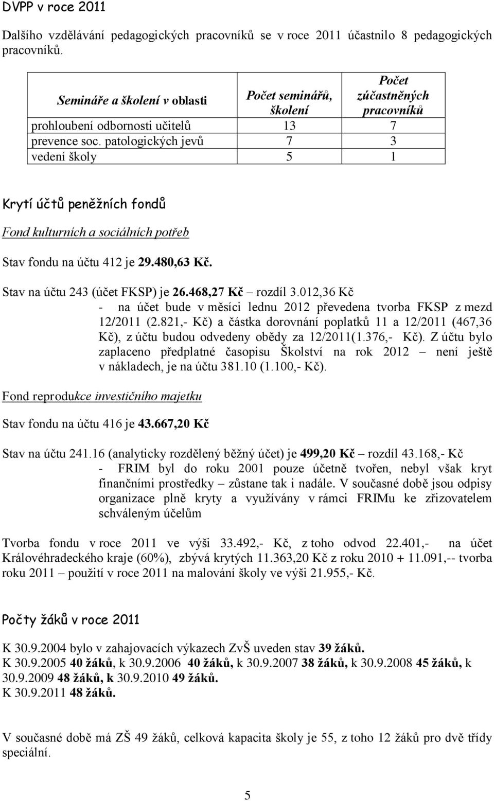 patologických jevů 7 3 vedení školy 5 1 Krytí účtů peněžních fondů Fond kulturních a sociálních potřeb Stav fondu na účtu 412 je 29.480,63 Kč. Stav na účtu 243 (účet FKSP) je 26.468,27 Kč rozdíl 3.